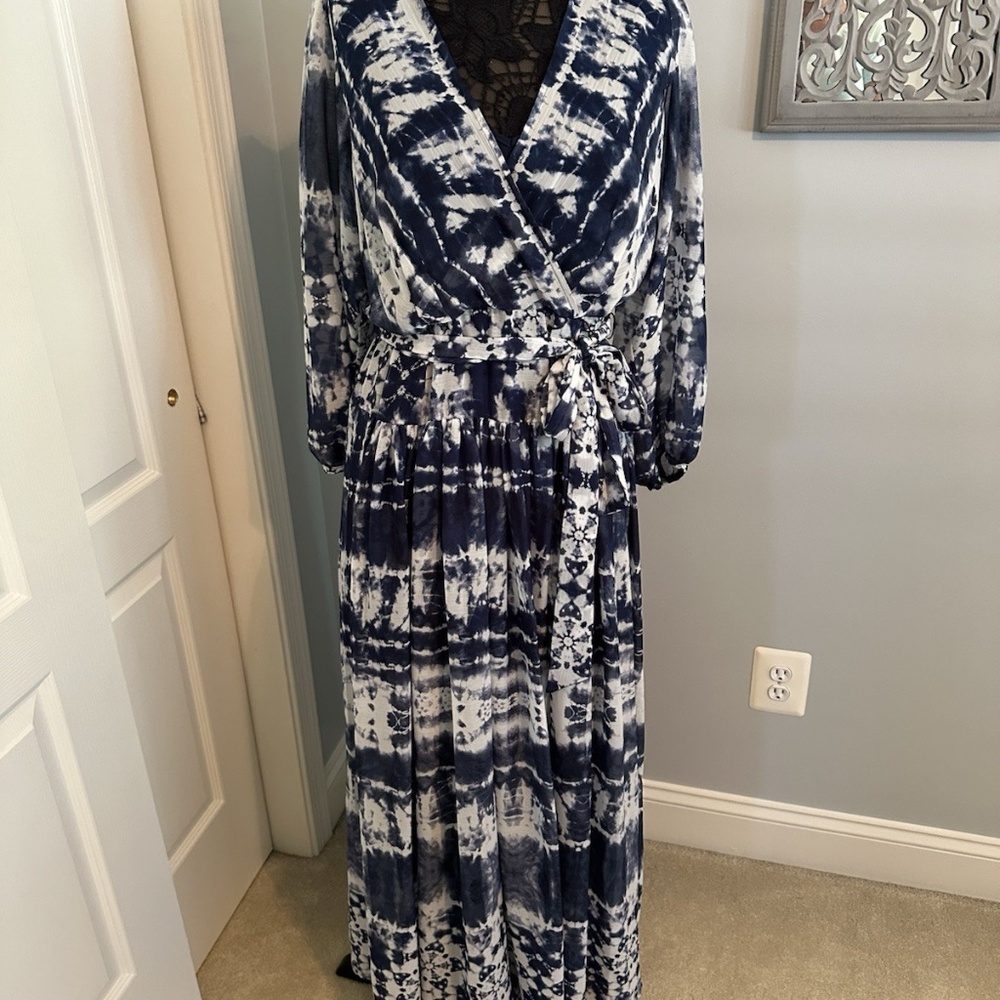 Calvin Klein Blue Tie Dye Dress L long sleeve faux wrap